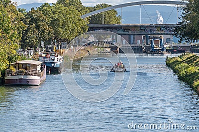 Marne-Rhine Canal just beyond the European Parliament in Strasbourg. Editorial Stock Photo