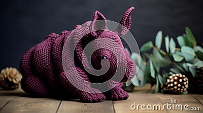 Maroon Crochet Rhino Stuffed Animal: Playful And Bold Knitted Toy Stock Photo