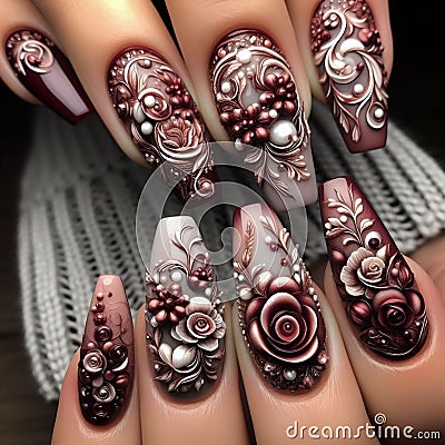 Maroon majesty: exquisite nail artistry Stock Photo