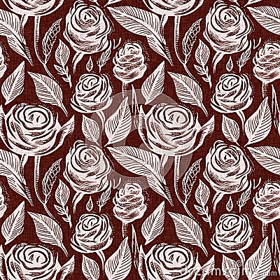 Maroon red country floral blockprint linen seamless pattern. Allover print of French cottage interior cotton effect Stock Photo