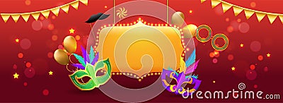 Marquee light frame with party masks and props on red bokeh background for Carnival party celebration. Stock Photo