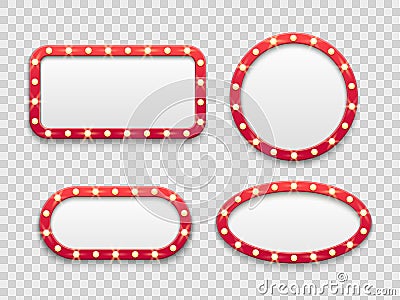 Marquee light frames. Vintage round and rectangular cinema and casino empty red signs with bulbs. Vector isolated set Vector Illustration