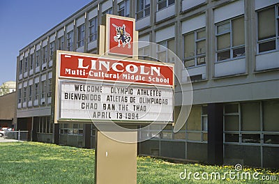 Marquee at Lincoln Multi-cultural Middle School Editorial Stock Photo