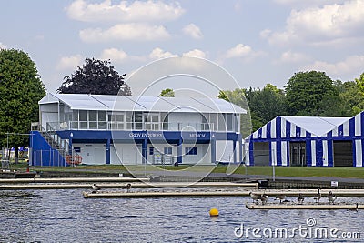 Marquees and tents on the bank of the Thames at Henley-on-Thames in Oxfordshire, in preparation for the Royal Regatta Editorial Stock Photo