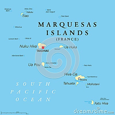 Marquesas Islands, island group in French Polynesia, political map Vector Illustration