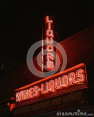 Marquez Liquors and Wines vintage neon sign at night, Yonkers, New York Editorial Stock Photo