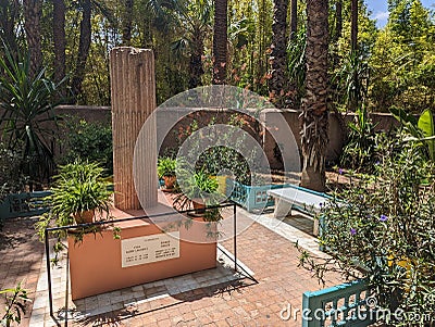 MARRAKECH, MOROCCO - APRIL 16, 2023 - Memorial for Yves Saint Laurent in the Jardin Majorelle at the residential house of Saint Editorial Stock Photo