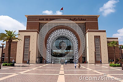 MARRAKECH, MOROCCO - APRIL 20, 2023 - Modern oriental building of the central train station of Marrakech Editorial Stock Photo