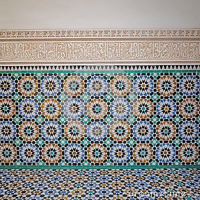 Marrakech, Morocco - Feb 10, 2023: Beautiful handicraft work inside the koranic school Medersa Ben Youssef in Marrakech Stock Photo