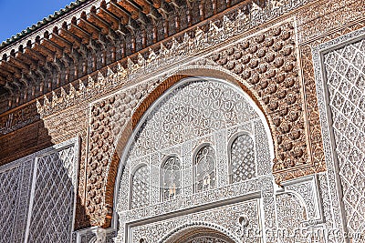 Marrakech, Morocco - Feb 10, 2023: Beautiful handicraft work inside the koranic school Medersa Ben Youssef in Marrakech Stock Photo