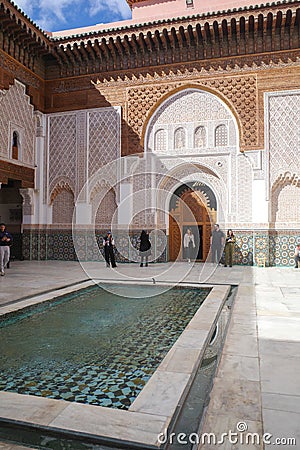 Marrakech, Morocco - Feb 10, 2023: Beautiful handicraft work inside the koranic school Medersa Ben Youssef in Marrakech Editorial Stock Photo