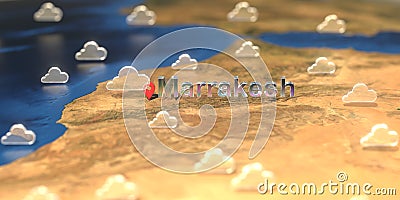 Marrakesh city and cloudy weather icon on the map, weather forecast related 3D rendering Stock Photo
