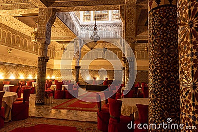 MARRAKESH, MOROCCO - JAN 2019: Moroccan architecture traditional arabian design - Big beautiful hall for big Stock Photo