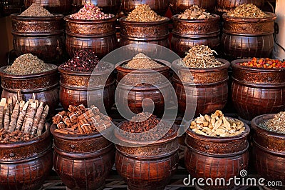 Marrakesh Spices in pots, Medina souk Stock Photo