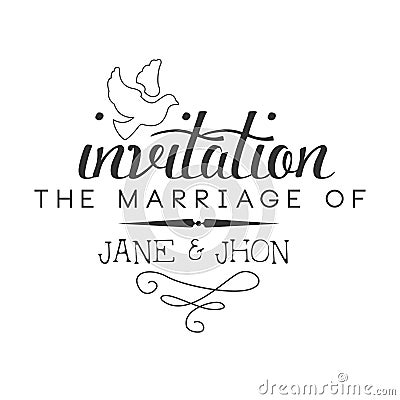 Marriage Black And White Invitation Card Design Template With Calligraphic Text With Dove Vector Illustration