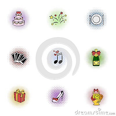 Marriage ceremony icons set, pop-art style Vector Illustration