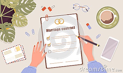 Marriage contract. Woman signs prenuptial agreement document. Prenup wedding certificate. Couple divorce concept. Top Vector Illustration