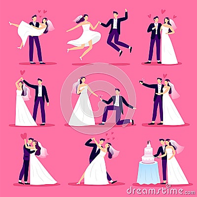 Marriage couple. Just married couples, wedding dancing and weddings celebration. Newlywed bride and groom vector Vector Illustration