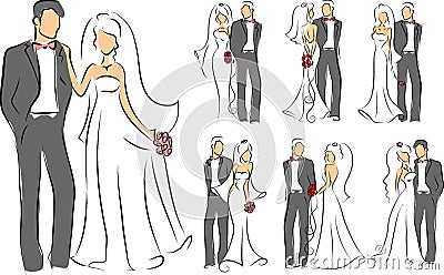 Marriage couple. Just married couples, wedding dancing and weddings celebration. Newlywed bride and groom, marriage Vector Illustration