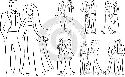 Marriage couple. Just married couples, wedding dancing and weddings celebration. Newlywed bride and groom, marriage Vector Illustration