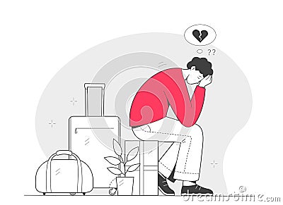 Marriage dissolution. Heartbroken alone sad young man sits with suitcase. Broken heart love breakups Despair Loneliness. Outline Vector Illustration