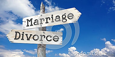 Marriage, divorce - wooden signpost with two arrows Stock Photo