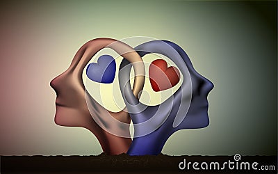 Marriage icon, people head in love, blue man and red woman heads in love, surrealistic romantic dream, together forever, Vector Illustration