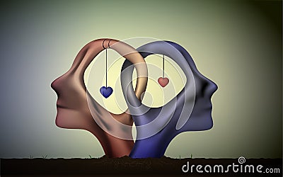 Marriage icon, people head in love, blue man and red woman heads in love, surrealistic romantic dream,together forever, Vector Illustration