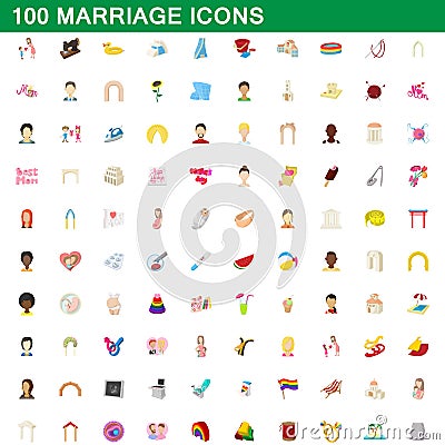 100 marriage icons set, cartoon style Vector Illustration