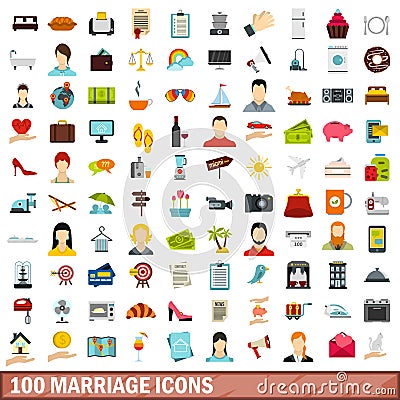 100 marriage icons set, flat style Vector Illustration