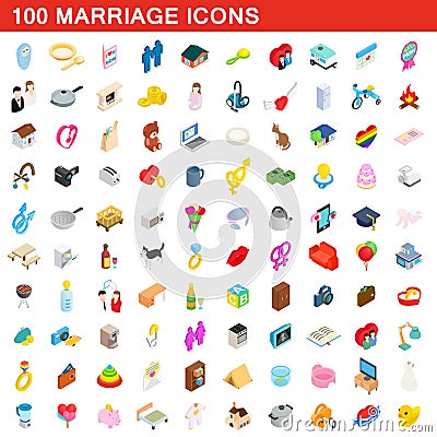 100 marriage icons set, isometric 3d style Cartoon Illustration
