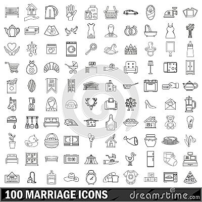 100 marriage icons set, outline style Vector Illustration