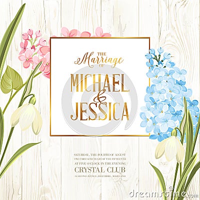 Marriage invitation card. Wedding card with spring flowers. Bridal shower banner on wooden background. Marriage floral Vector Illustration