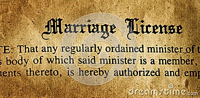 Marriage License on Old Worn Weathered Paper Stock Photo