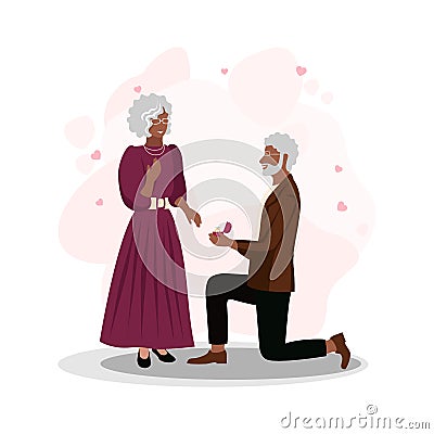 Elderly man holds a diamond ring in his hand and proposes marriage to an elderly woman Vector Illustration