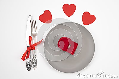 Marriage proposal and engagement concept. Table setting for Valentine's day, romantic dinner. Stock Photo