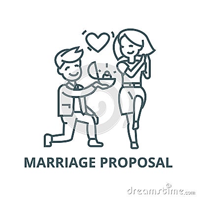 Marriage proposal,man and woman, love ring vector line icon, linear concept, outline sign, symbol Vector Illustration