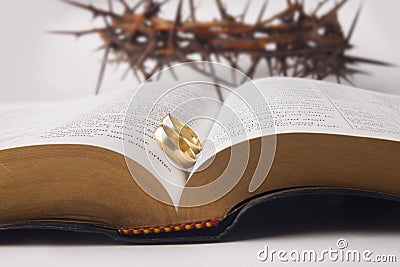 Marriage rings on holy bible Stock Photo