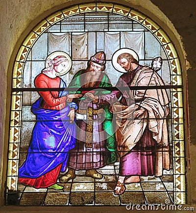 Marriage of St. Joseph and Mary, stained glass window of the Chu Stock Photo