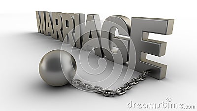 Marriage text with chain and shackles isolated on a white background. 3D-rendering. Cartoon Illustration