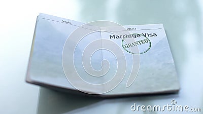 Marriage visa granted, seal stamped in passport, customs office, travelling Stock Photo