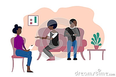 Married black couple having therapeutical meeting at psychologist office. Flat style stock vector illustration Vector Illustration