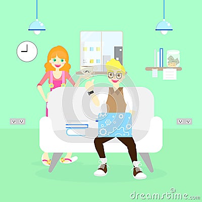 married couple businessman freelance working at home on weekend holiday vacation, sitting on couch sofa with laptop notebook Vector Illustration