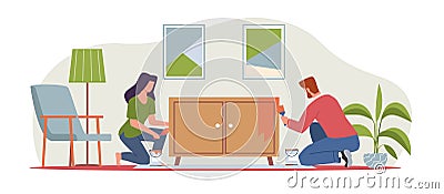 Married couple painting closet, man and woman are renovating and repairing furniture. Moving to a new apartment. Happy Vector Illustration