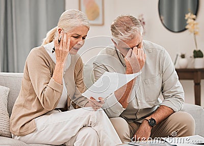 Married, couple and together with documents in frustration for finances, vacation or retirement at home. Elderly, man Stock Photo