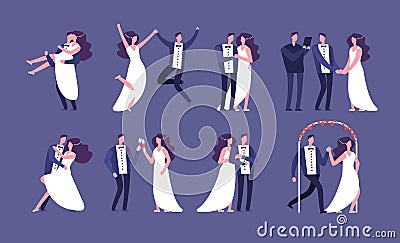 Married couples. Newly wed bride and groom, wedding celebration cartoon characters. Just married happy people vector set Vector Illustration