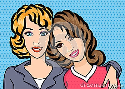 Married lesbian couple smile and hug, vector illustration in pop art comic style. Happy gay family hugs - businesswoman and Vector Illustration