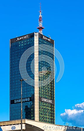 Marriott Hotel and office tower rising above Warsaw Central railway station in Srodmiescie district of Warsaw Poland Editorial Stock Photo