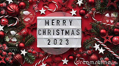 Marry Christmas banner concept.White board with text Happy Xmas 2023 among Christmas red decor,balls,berries, striped candy canes, Stock Photo