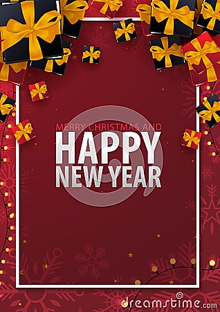 Marry Christmas and Happy New Year poster on red background. Vector illustration. Vector Illustration